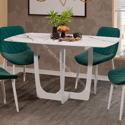 Стол обеденный «Орфей» Белый муар, Стекло глянцевое белый мрамор