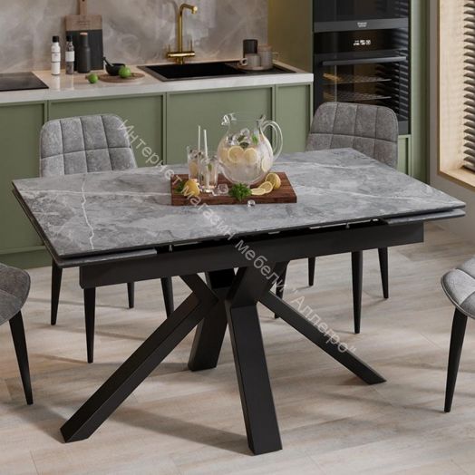 Стол обеденный "Дерби" Тип 1 Черный муар, Керамика матовая серый мрамор