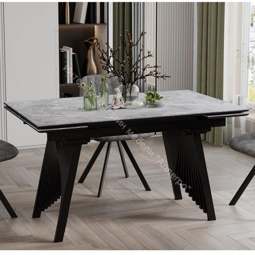 Стол обеденный "Шелдон" Тип 1 Черный муар, Керамика матовая серый мрамор