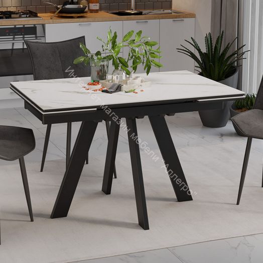 Стол обеденный «Джаггер» Тип 1 Черный муар, Керамика матовая белый мрамор