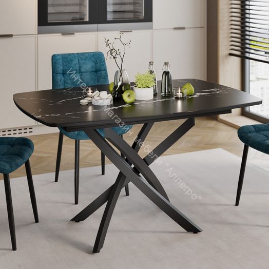 Стол обеденный раздвижной «Ниагара» Тип 1 Черный муар, Стекло матовое черный мрамор