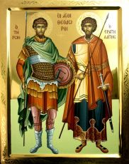 Рукописная икона Феодор Стратилат и Феодор Тирон на липовой доске (ктг10-22240)