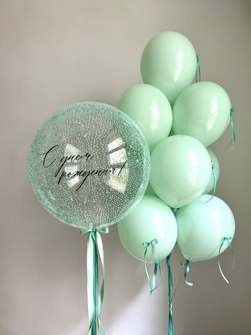 Сет Утренняя роса с шаром Бабл с пенопластовыми шариками и фонтаном с бантиками из шаров с гелием