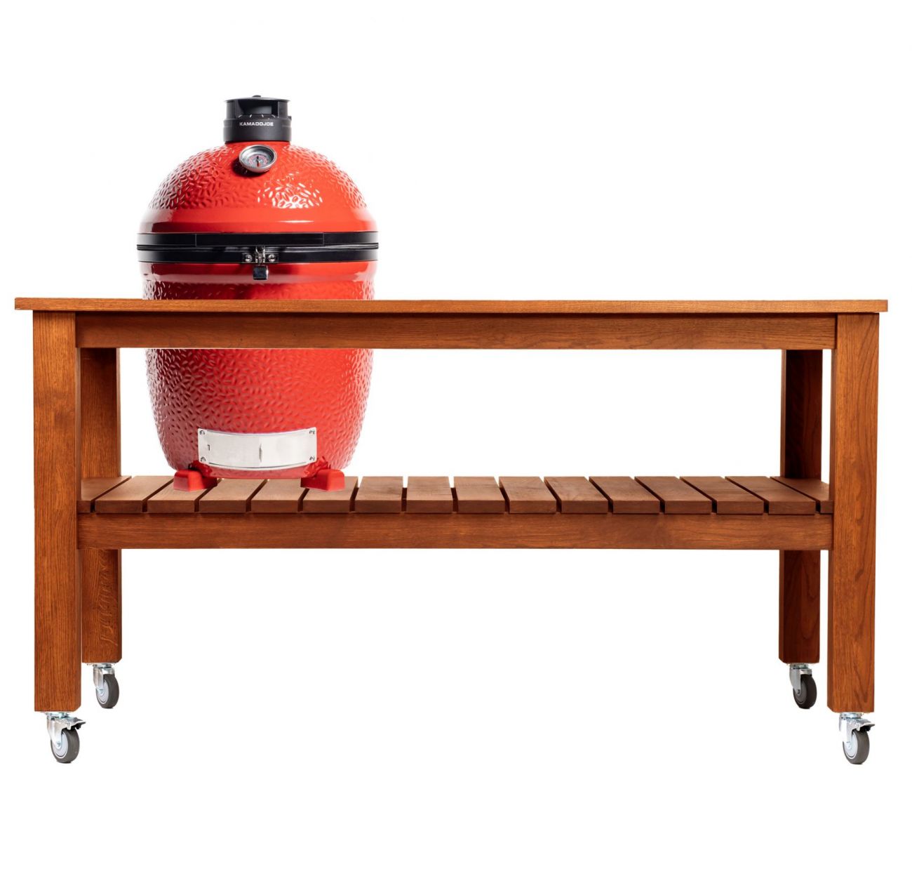 Керамический гриль Kamado Joe Classic III Stand Alone, 46 см (красный), на столе из дуба