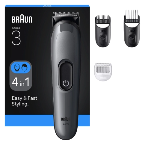 Триммер для бороды и волос Braun AIO3500 стайлинг 4 в 1, Series 3, 3 насадки, лезвия из нержавеющей стали, серый
