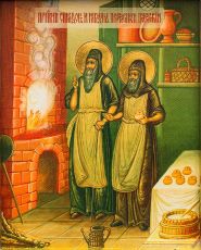 Спиридон и Никодим Печерские икона рукописная на липовой доске (24203)