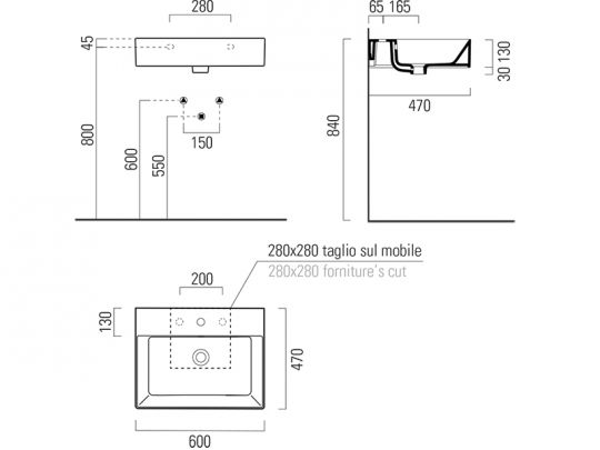 Черная раковина GSI Kube X 9431 60х47 схема 2