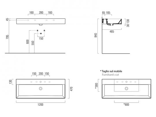 Черная раковина GSI Kube X 9424026 120х47 схема 2