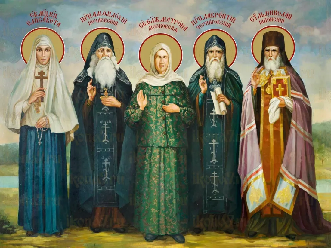 Собор Святых: Елисавета, Амфилохий, Матрона, Лаврентий, Николай икона печатная (холст на дереве)