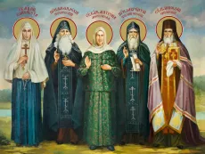 Собор Святых: Елисавета, Амфилохий, Матрона, Лаврентий, Николай икона печатная (холст на дереве)
