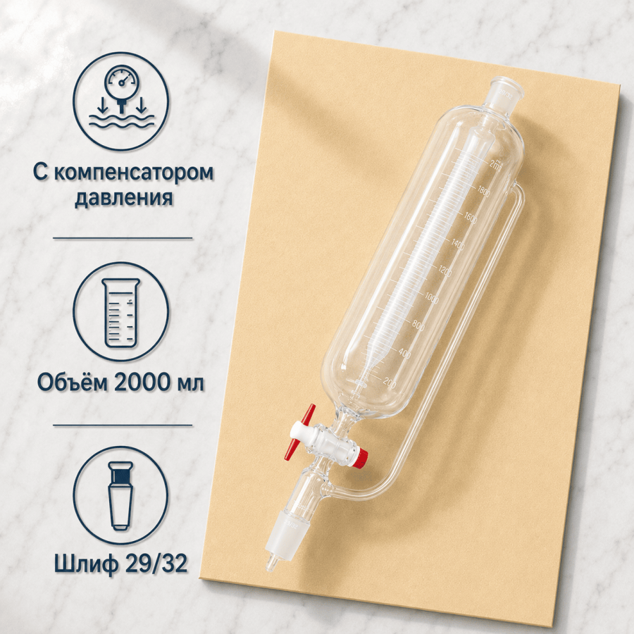 Воронка капельная цилиндрическая Labdevices ВД-2-2000, 2000 мл, с компенсатором давления, шлиф 29/32