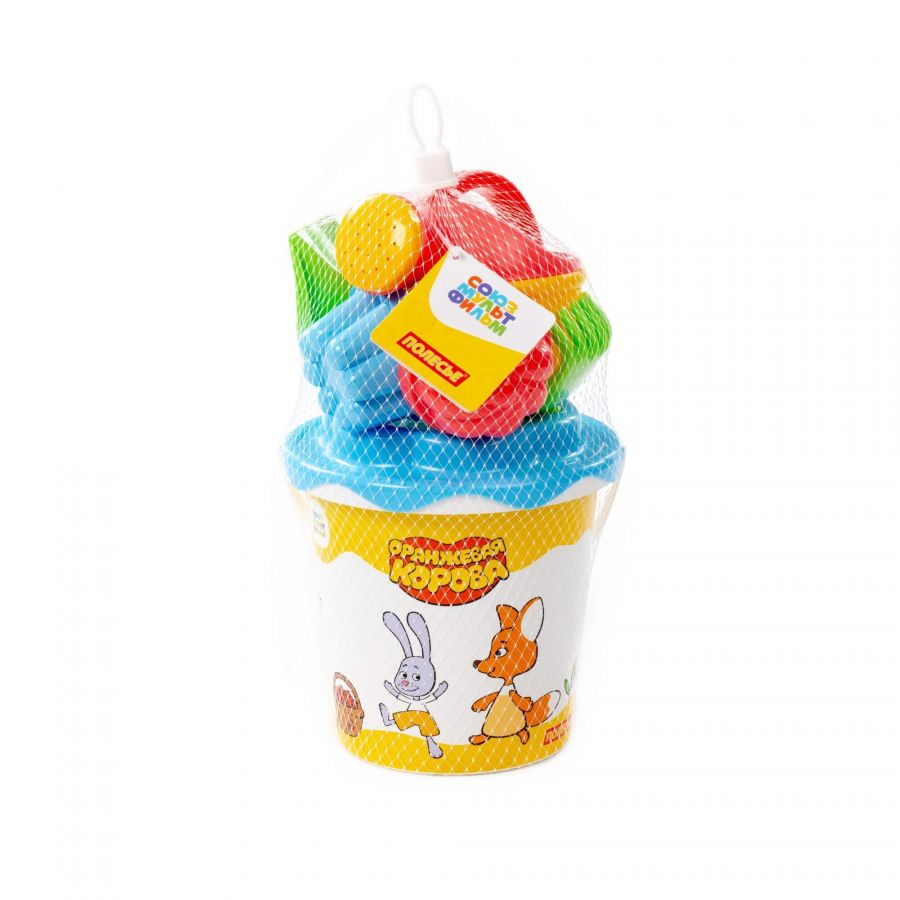 Набор "Оранжевая корова" №5: ведро с наклейкой, ситечко "Солнышко", лопатка №5, грабельки №5, 2 формочки, лейка малая №4