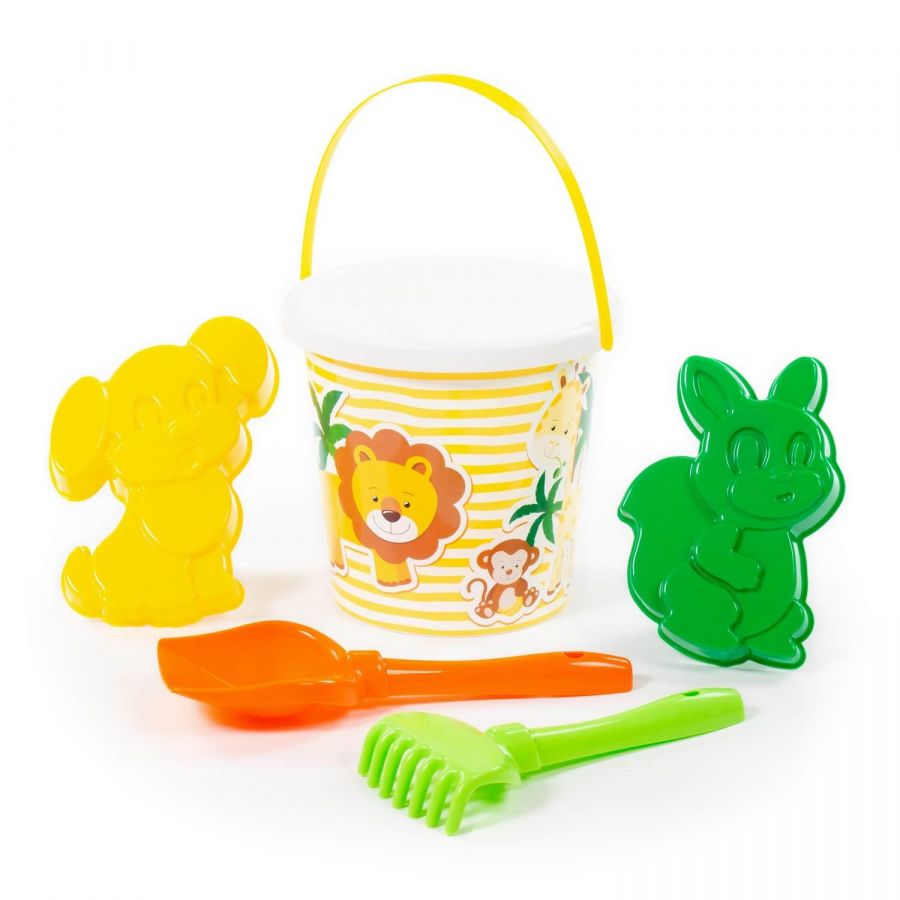 Набор №117: ведро с наклейкой, лопатка №5, грабельки №5, формочки (белочка + пёсик)