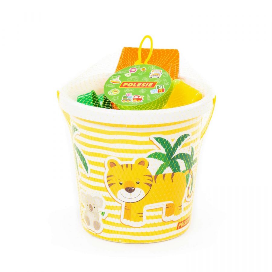 Набор №117: ведро с наклейкой, лопатка №5, грабельки №5, формочки (белочка + пёсик)