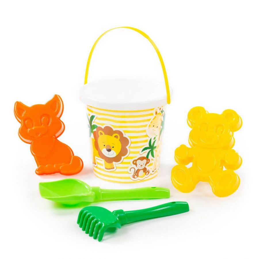 Набор №118: ведро с наклейкой, лопатка №5, грабельки №5, формочки (котёнок + медведь)