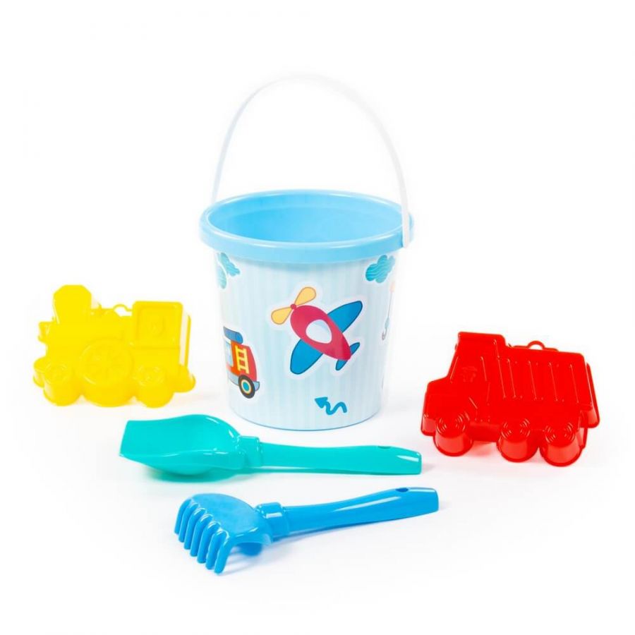 Набор №119: ведро с наклейкой, лопатка №5, грабельки №5, формочки (самосвал + паровоз)