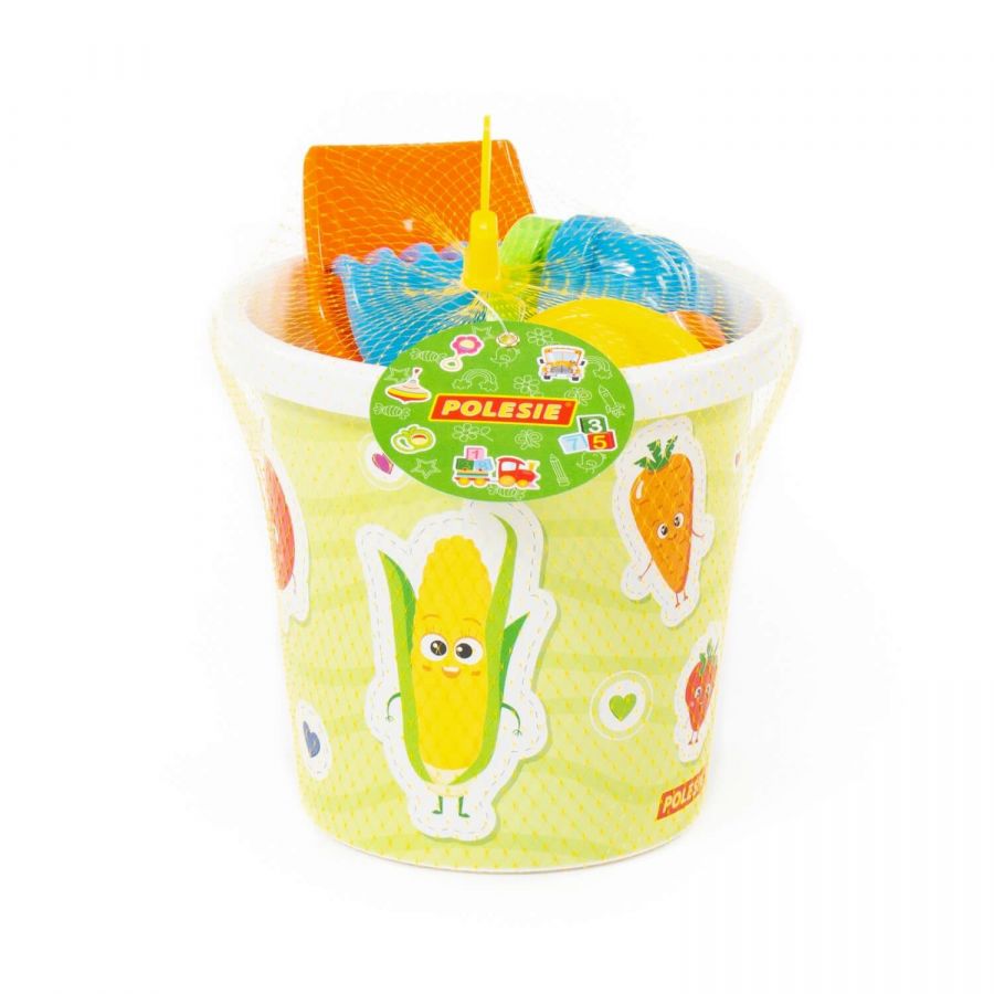 Набор №120: ведро с наклейкой, лопатка №5, грабельки №5, 4 формочки