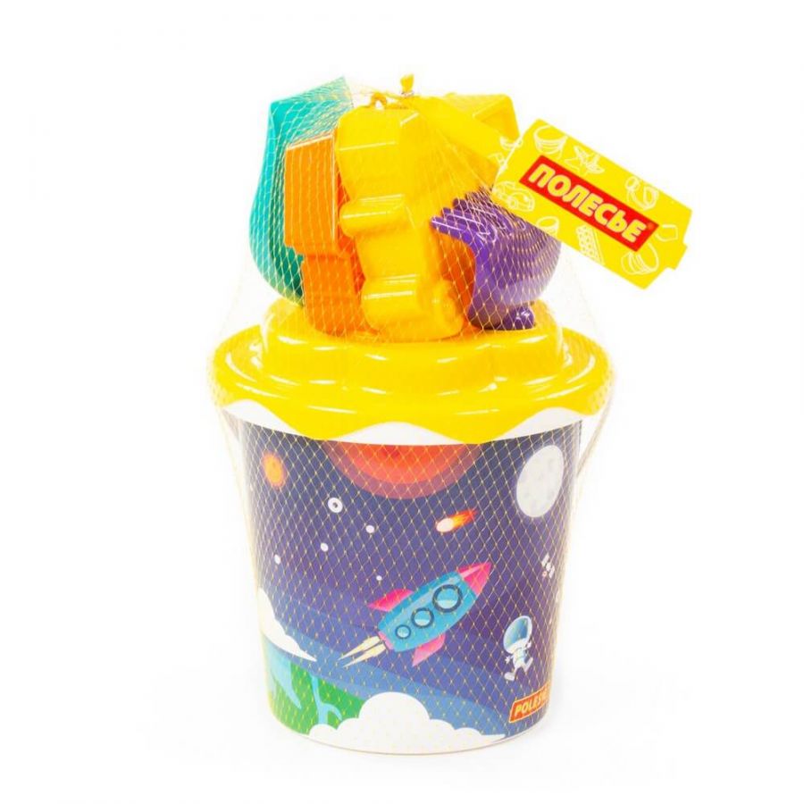 Набор №132: ведро с наклейкой, ситечко "Солнышко", лопатка №5, грабельки №5, формочки (самосвал + паровоз)