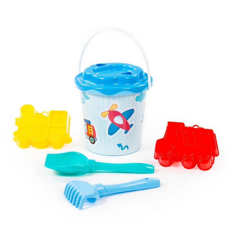 Набор №132: ведро с наклейкой, ситечко "Солнышко", лопатка №5, грабельки №5, формочки (самосвал + паровоз)