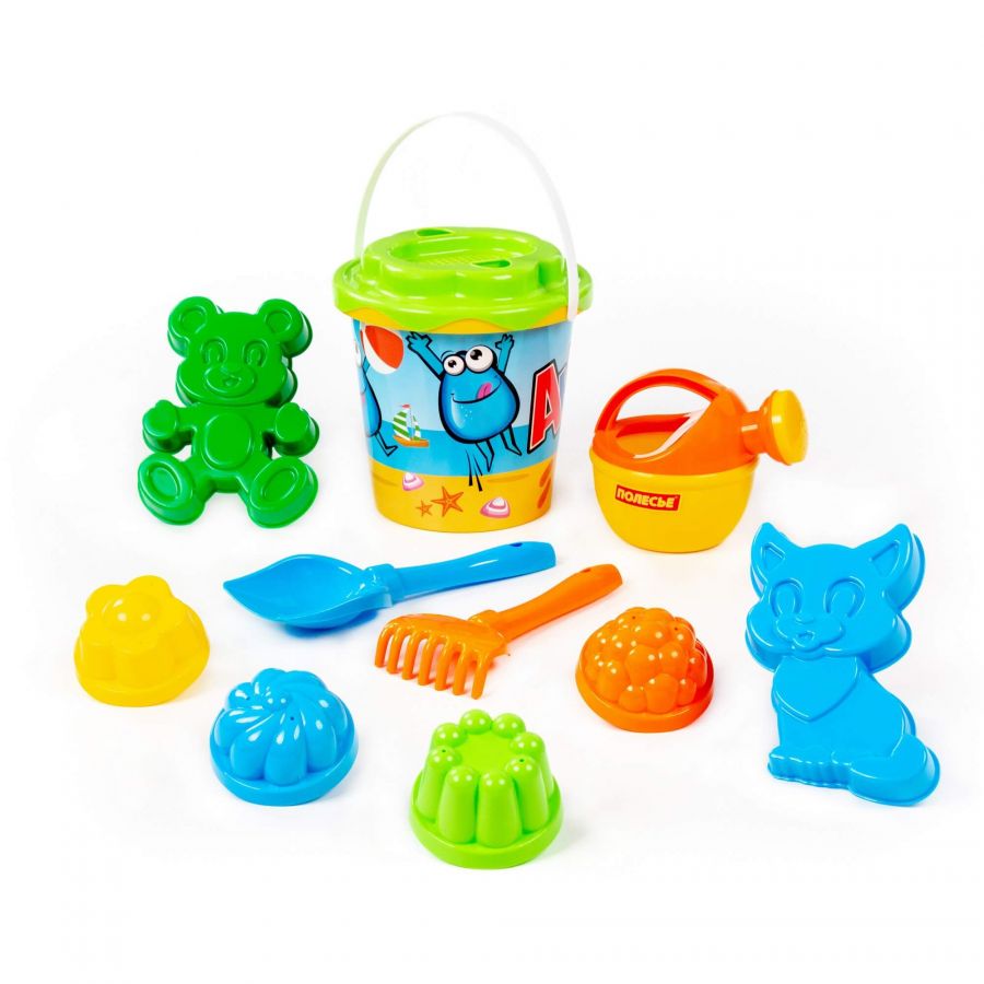 Набор №171: ведро с наклейкой, ситечко "Солнышко", лопатка №5, грабельки №5, формочки (котёнок + медведь), 4 формочки, лейка малая №4
