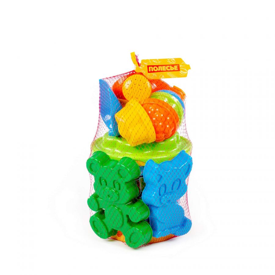 Набор №171: ведро с наклейкой, ситечко "Солнышко", лопатка №5, грабельки №5, формочки (котёнок + медведь), 4 формочки, лейка малая №4