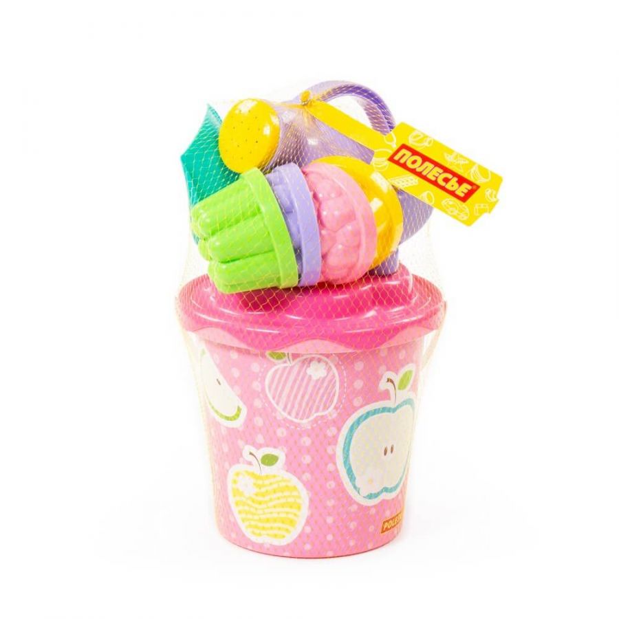 Набор №336: ведро с наклейкой, ситечко "Солнышко", лопатка №5, грабельки №5, 4 формочки, лейка малая №4