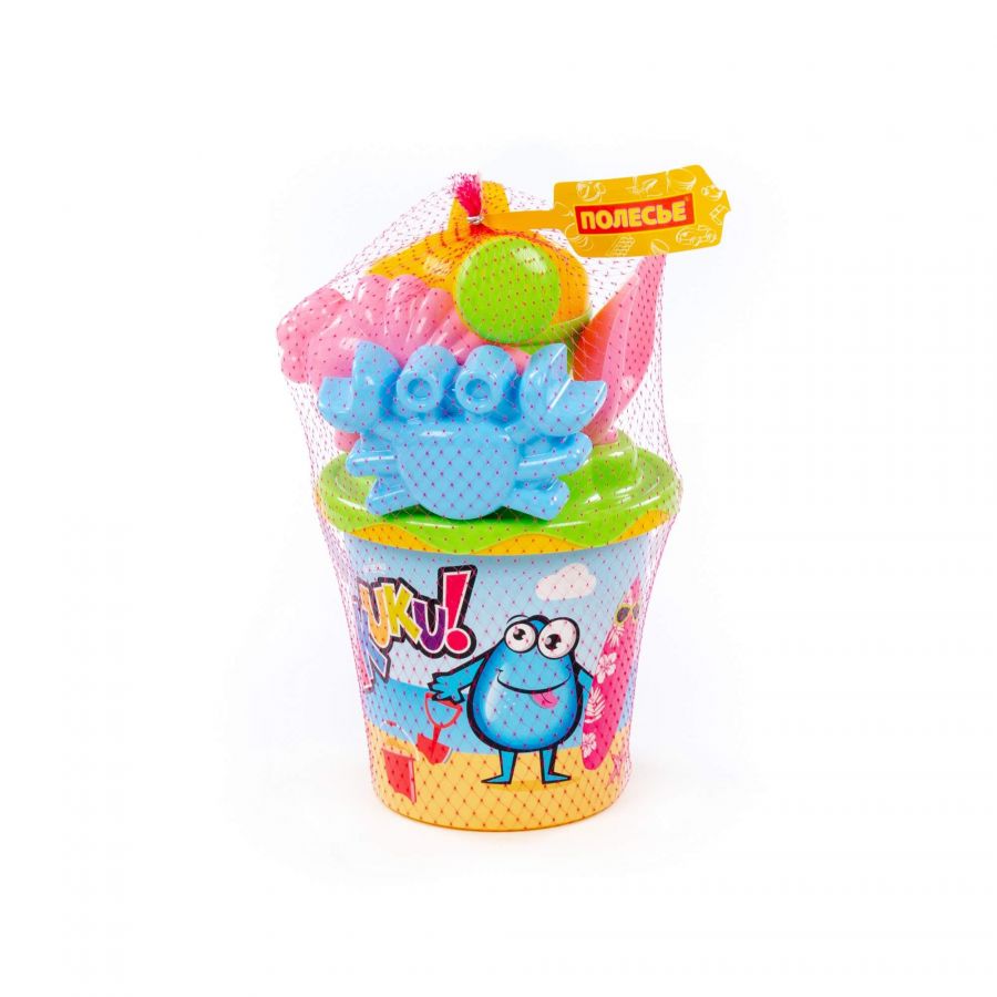 Набор №356: ведро с наклейкой, ситечко "Солнышко", лопатка №5, грабельки №5, формочки (краб №1 + морской конёк), лейка малая №4