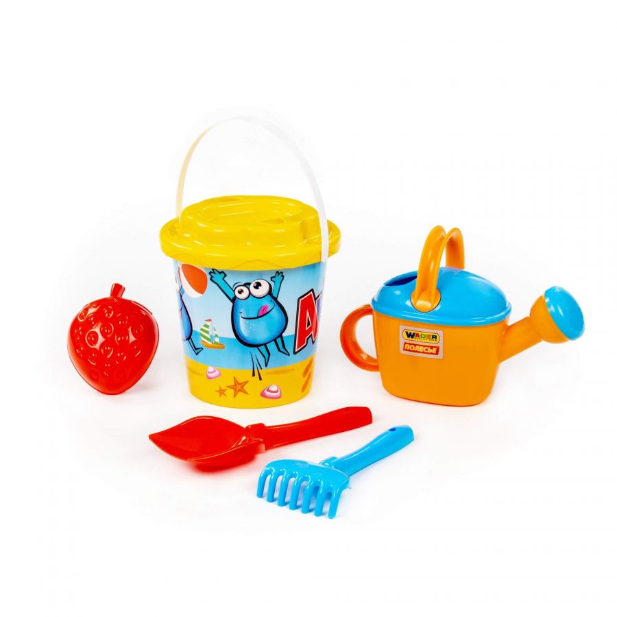 Набор №389: ведро с наклейкой, ситечко "Солнышко", лопатка №5, грабельки №5, формочка "Фрукты", лейка №8