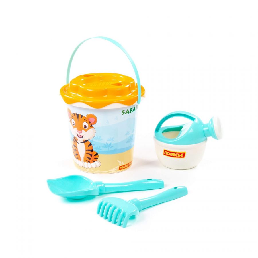 Набор №654 сафари: ведро с наклейкой, ситечко "Солнышко", лопатка №5, грабельки №5, лейка малая №4