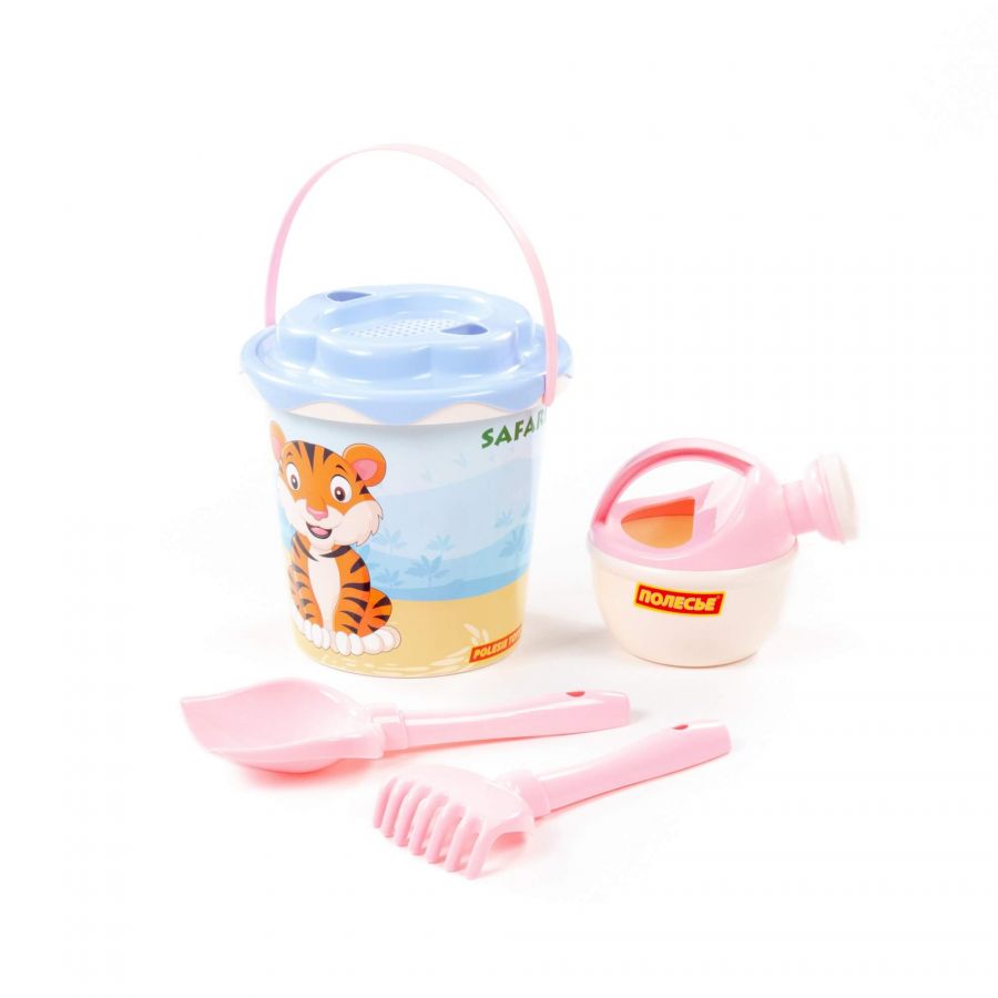 Набор №654 сафари: ведро с наклейкой, ситечко "Солнышко", лопатка №5, грабельки №5, лейка малая №4