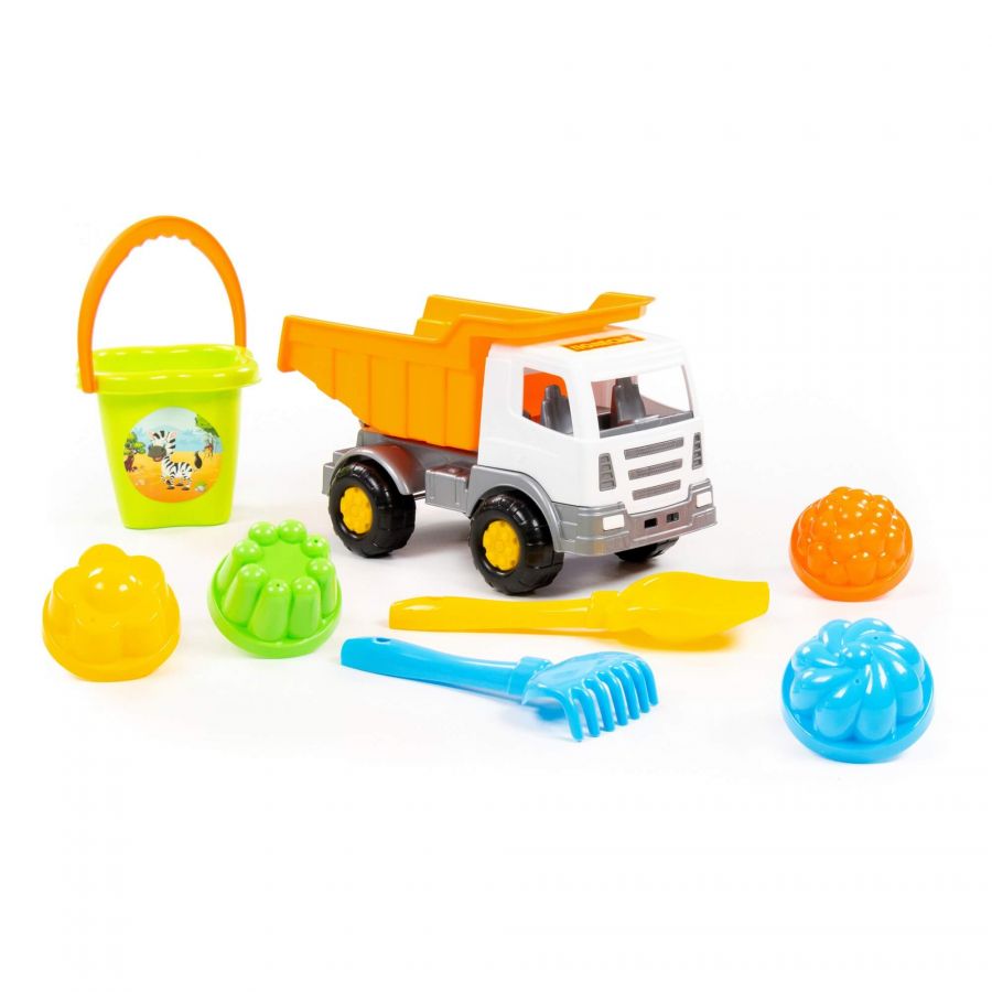 Набор №185: "Мираж", автомобиль-самосвал + ведро-цветок среднее, лопатка №5, грабельки №5, 4 формочки