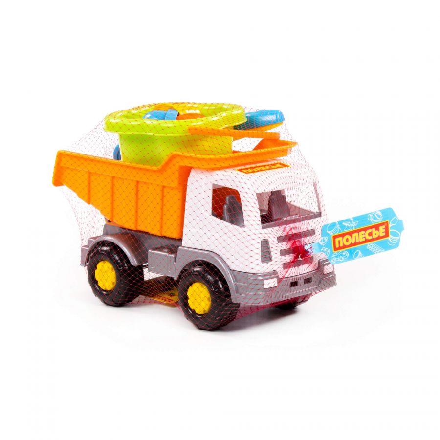 Набор №185: "Мираж", автомобиль-самосвал + ведро-цветок среднее, лопатка №5, грабельки №5, 4 формочки
