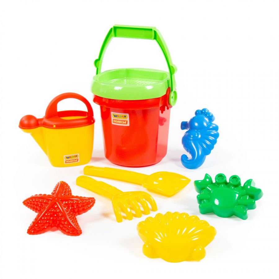 Набор №414: ведро №9, сито №9, лопатка №31, грабельки №31, формочки (краб №1 + морской конёк + морская звезда №1 + ракушка №1), лейка №10