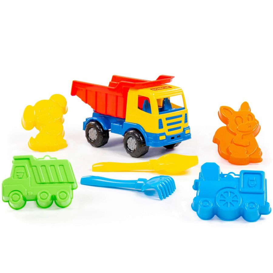 Набор №184: "Мираж", автомобиль-самосвал + лопатка №5, грабельки №5, формочки (самосвал + паровоз + белочка + пёсик)