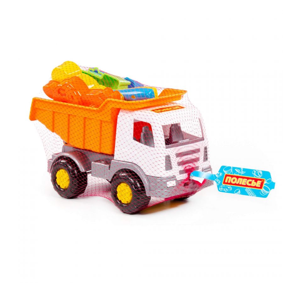 Набор №184: "Мираж", автомобиль-самосвал + лопатка №5, грабельки №5, формочки (самосвал + паровоз + белочка + пёсик)