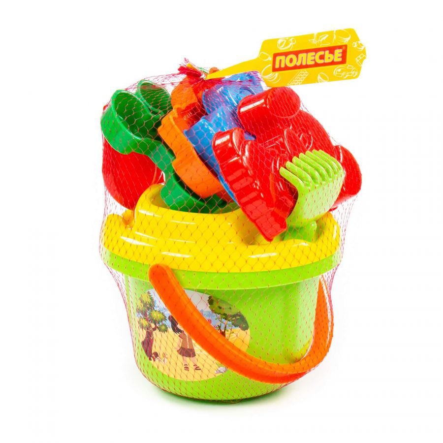 Набор №195: ведро большое, ситечко большое, лопатка №5, грабельки №5, формочки (белочка + пёсик + котёнок + медведь)