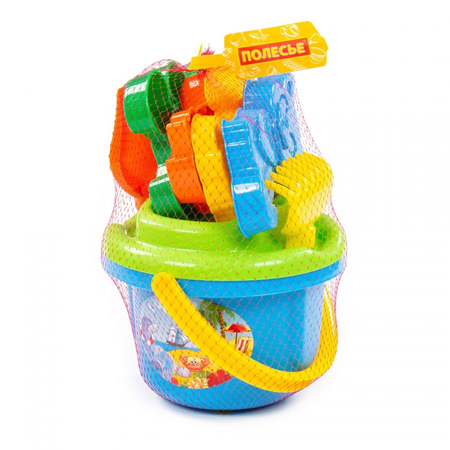 Набор №195: ведро большое, ситечко большое, лопатка №5, грабельки №5, формочки (белочка + пёсик + котёнок + медведь)