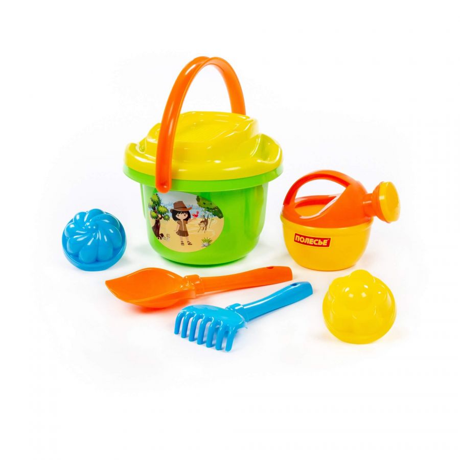 Набор №197: ведро большое, ситечко большое, лопатка №5, грабельки №5, 2 формочки, лейка малая №4