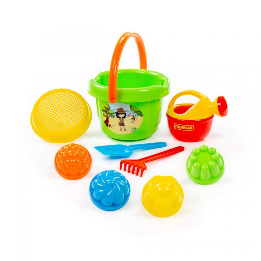 Набор №206: ведро большое, ситечко, лопатка, грабельки, 4 формочки, лейка малая №4
