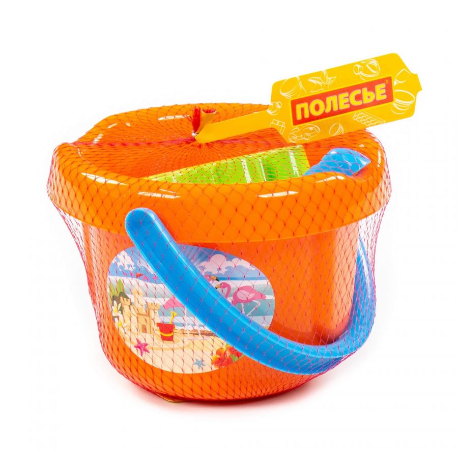 Набор №34: ведро большое, ситечко, совок №2, грабельки №2, формочки (самосвал + паровоз)