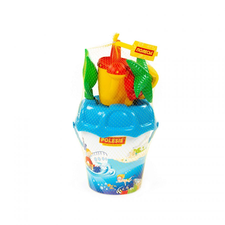 Набор №596: ведро большое с наклейкой, ситечко большое №3, лопата №6, грабли №6, формочки (краб №2 + морская звезда №2 + ракушка №2), лейка №10