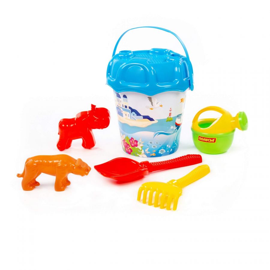 Набор №597: ведро большое с наклейкой, ситечко большое №3, лопата №6, грабли №6, формочки (тигр + мамонт), лейка малая №4