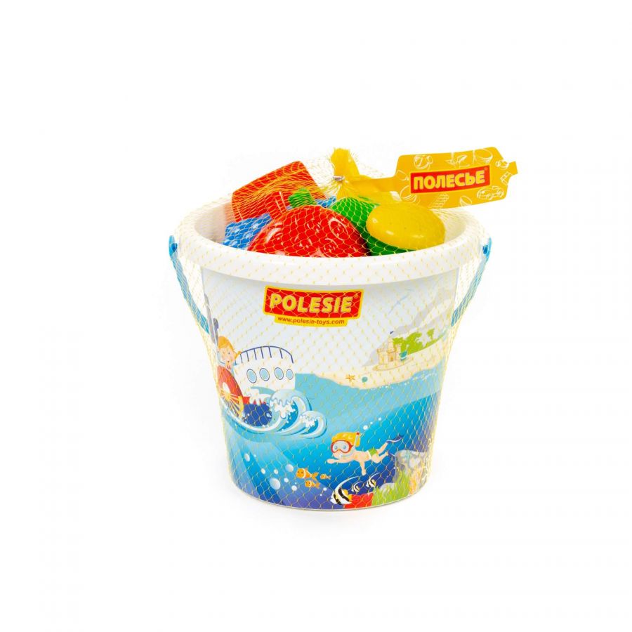 Набор №602: ведро большое с наклейкой, лопатка №5, грабельки №5, формочки "Фрукты" 4 шт, лейка №8