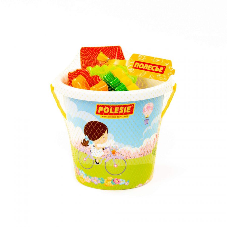 Набор №604: ведро большое с наклейкой, лопата №6, грабли №6, формочки (2 ладошки + 2 ножки)