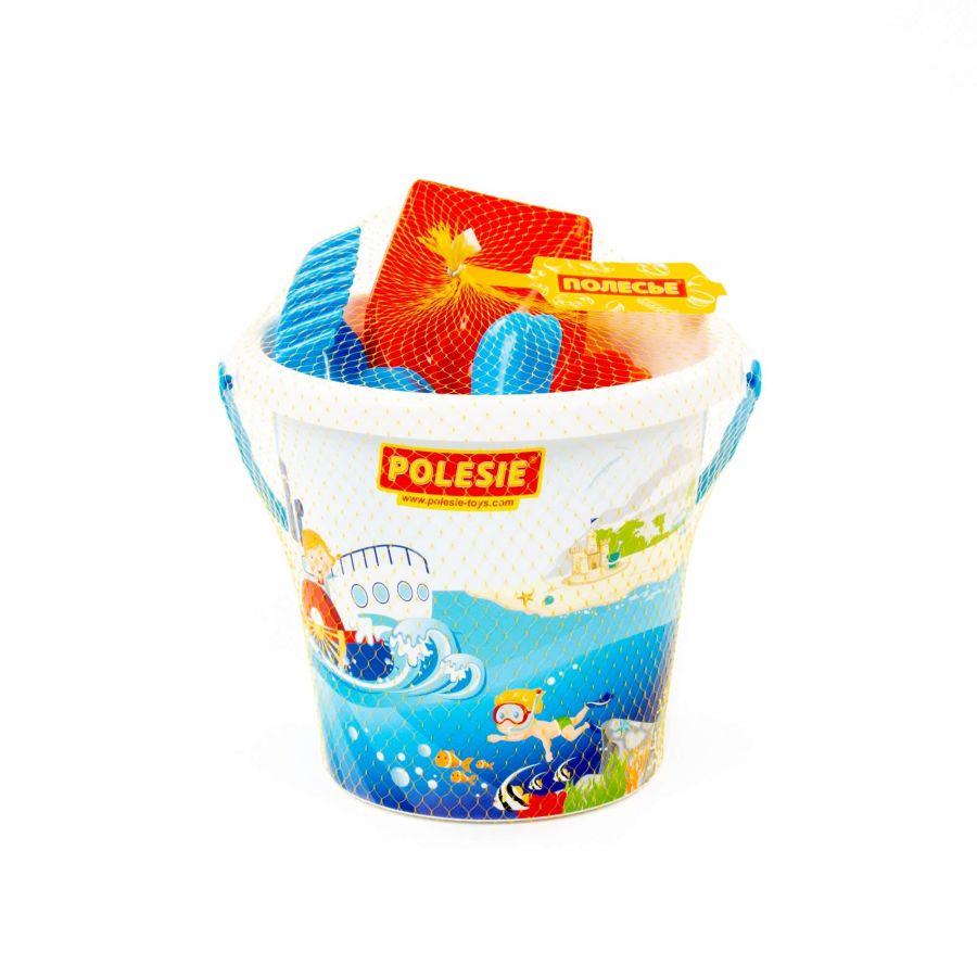 Набор №604: ведро большое с наклейкой, лопата №6, грабли №6, формочки (2 ладошки + 2 ножки)