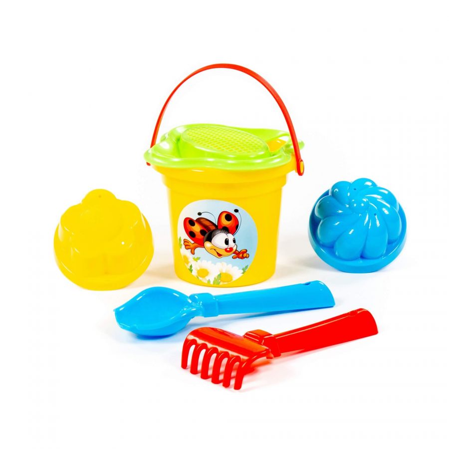 Набор №39: ведро малое, ситечко-цветок, совок №2, грабельки №2, 2 формочки