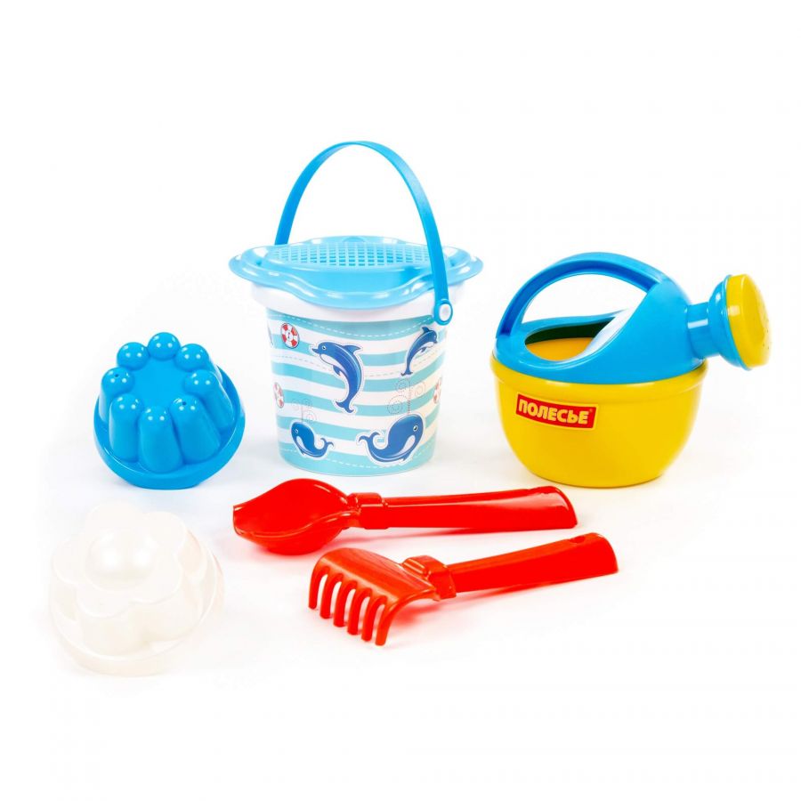 Набор №180: ведро малое с наклейкой, ситечко-цветок, совок №2, грабельки №2, 2 формочки, лейка малая №4