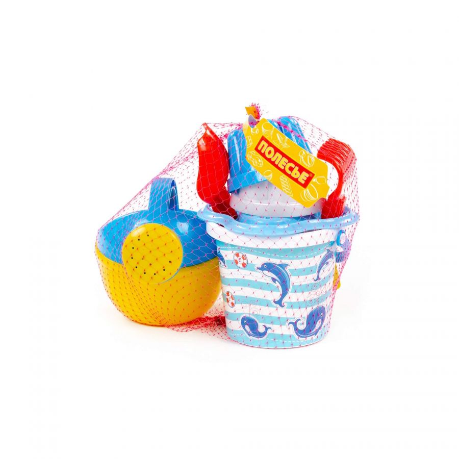 Набор №180: ведро малое с наклейкой, ситечко-цветок, совок №2, грабельки №2, 2 формочки, лейка малая №4