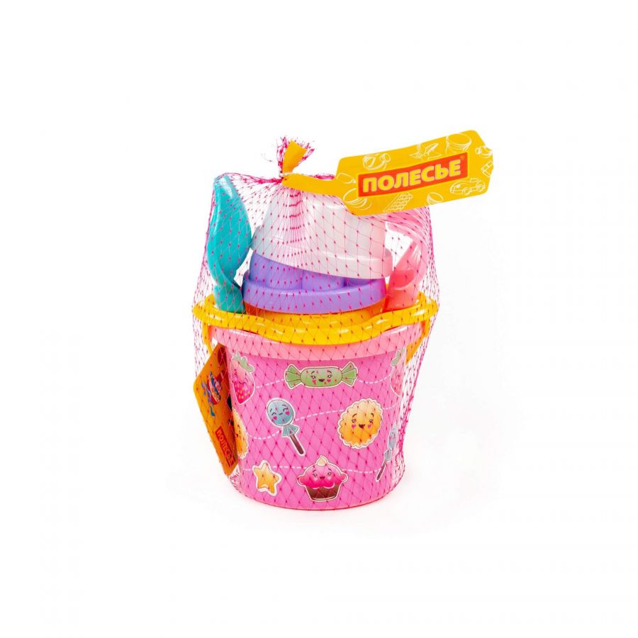 Набор №229: ведро малое с наклейкой, ситечко-цветок, совок №2, грабельки №2, 2 формочки