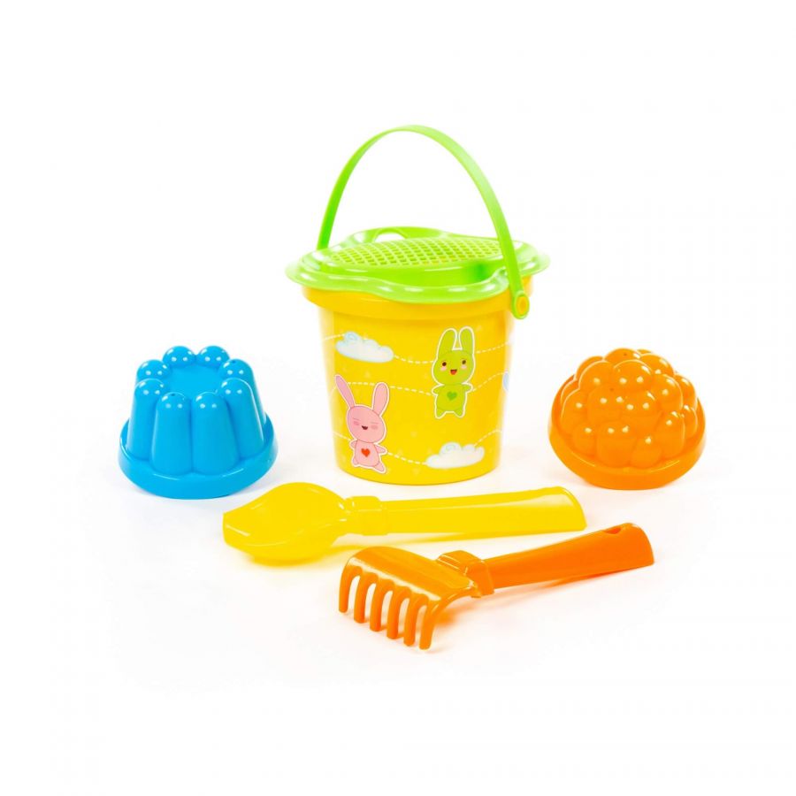 Набор №229: ведро малое с наклейкой, ситечко-цветок, совок №2, грабельки №2, 2 формочки